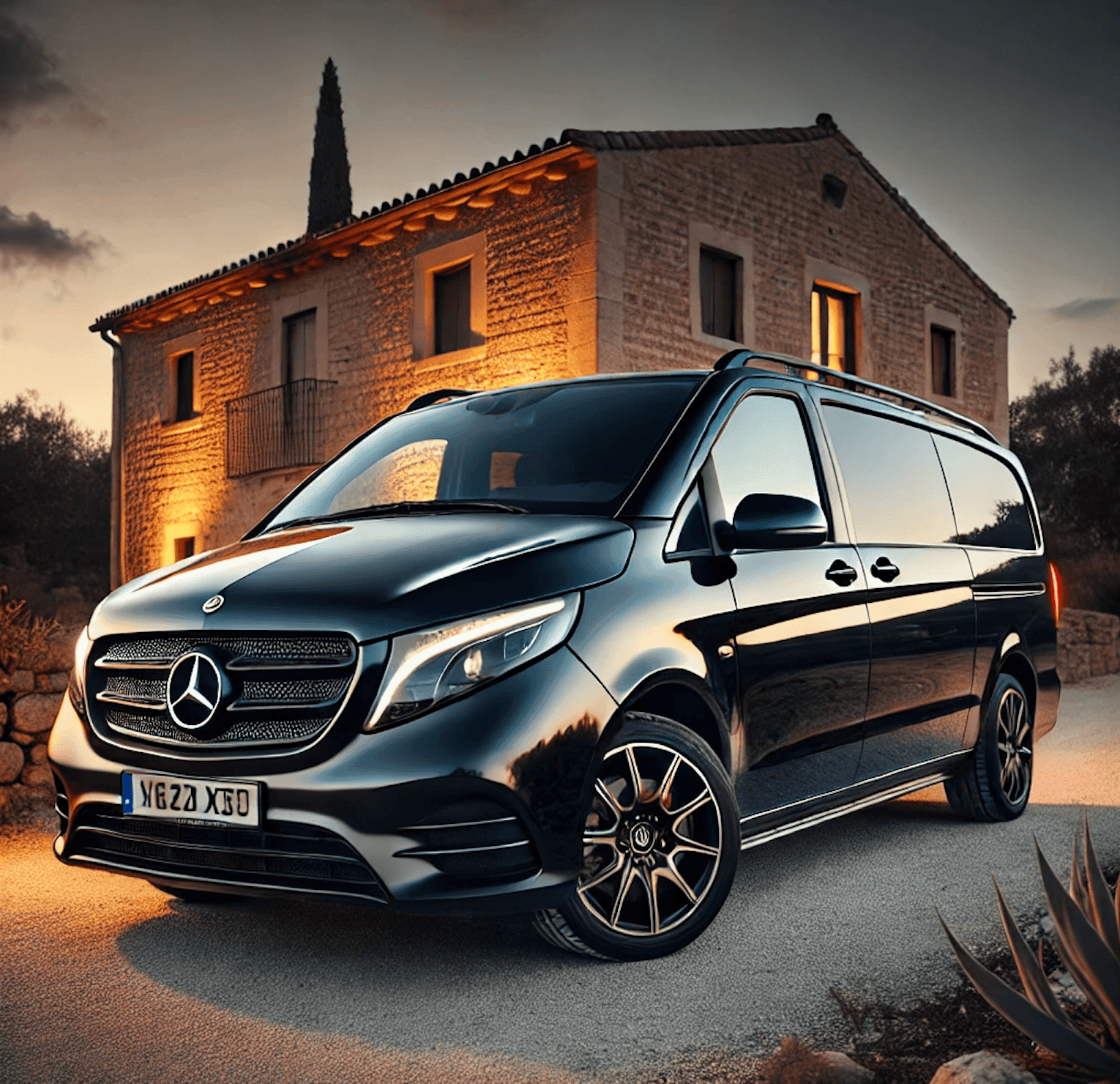 Mercedes Vito esperando en una casa para servicio de traslado especial para bodas en Mallorca